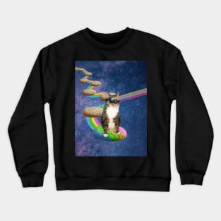 Cute fluffy cat in outer space shooting rainbows from the sunglasses Crewneck Sweatshirt